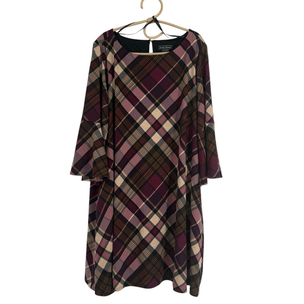 Jessica Howard Burgundy Plaid Bell Sleeve A-Line Swing Dress Plus 2X & 3X NEW - Picture 2 of 15